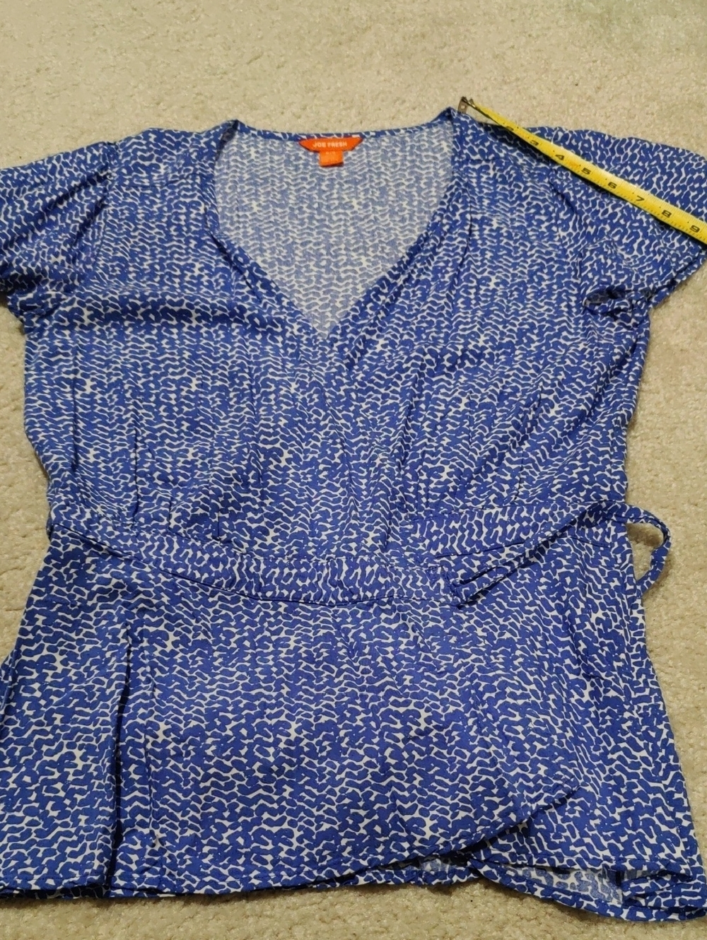 Joe Fresh Wrap Short Sleeve Blue Printed Surplice Waist Peplum Top Blouse Y2K - Picture 9 of 11